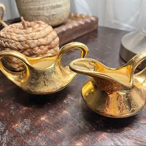 Vintage Pair Miniature Creamer and Sugar Bowl | Gold with Floral Design